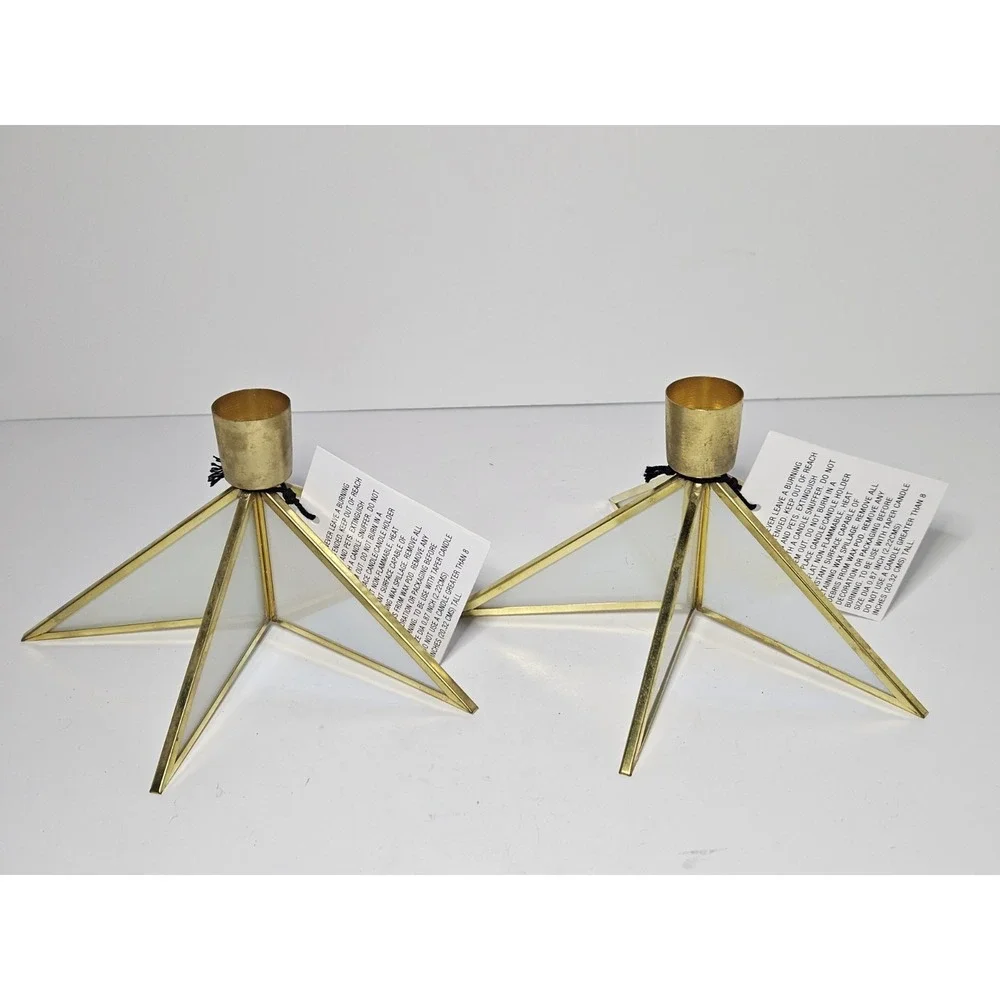 Set of‎ 2 Target Star Taper Candle Holders Gold Brass Leaded Glass Christmas NWT